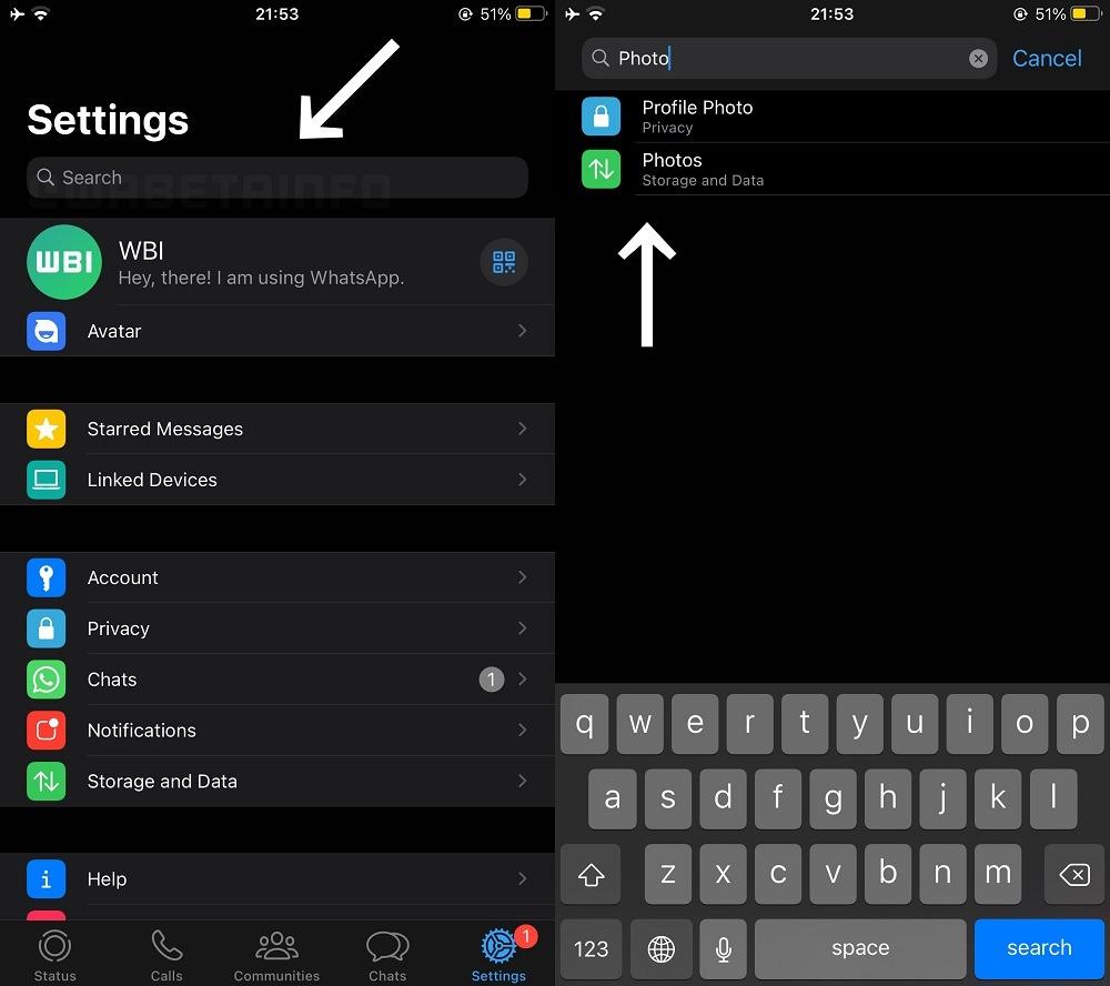 WhatsApp testa barra de pesquisa para encontrar configurações no iOS